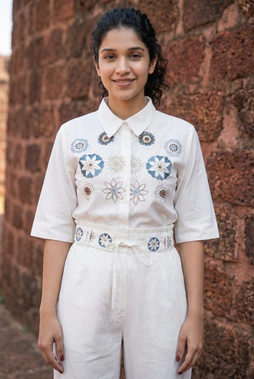 White Floral Embroidered Pure Cotton Shirt With Trousers Co-Ord Set For Women