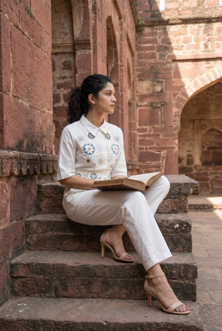 White Floral Embroidered Pure Cotton Shirt With Trousers Co-Ord Set For Women