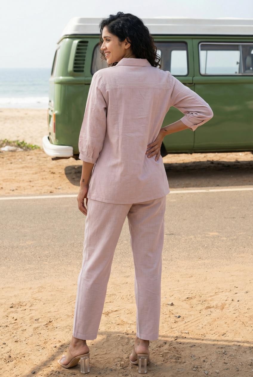 Light Pink Solid Print Shirt Collar Co-Ords For Women