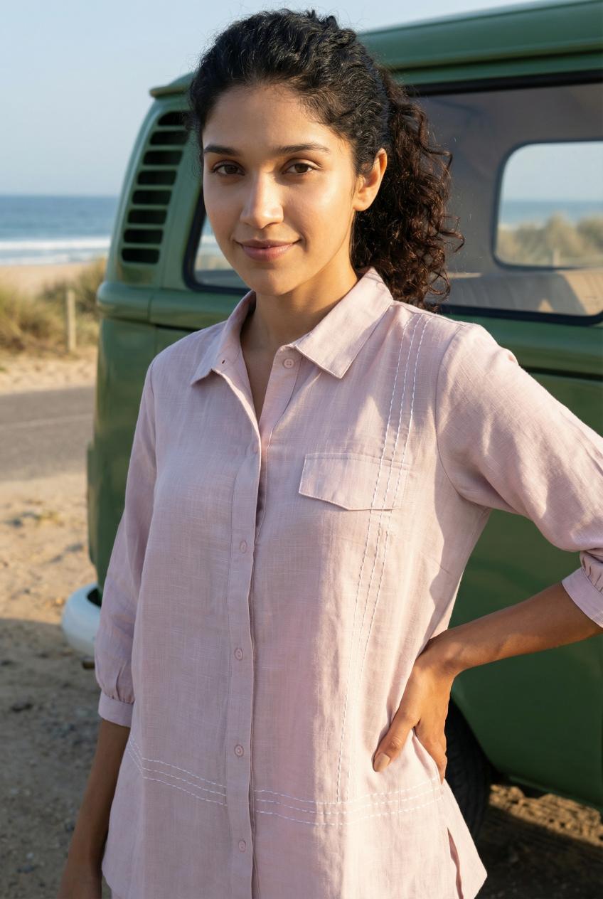 Light Pink Solid Print Shirt Collar Co-Ords For Women