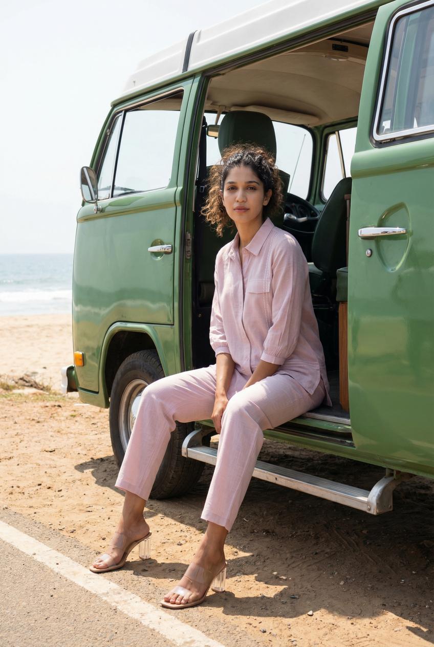 Light Pink Solid Print Shirt Collar Co-Ords For Women