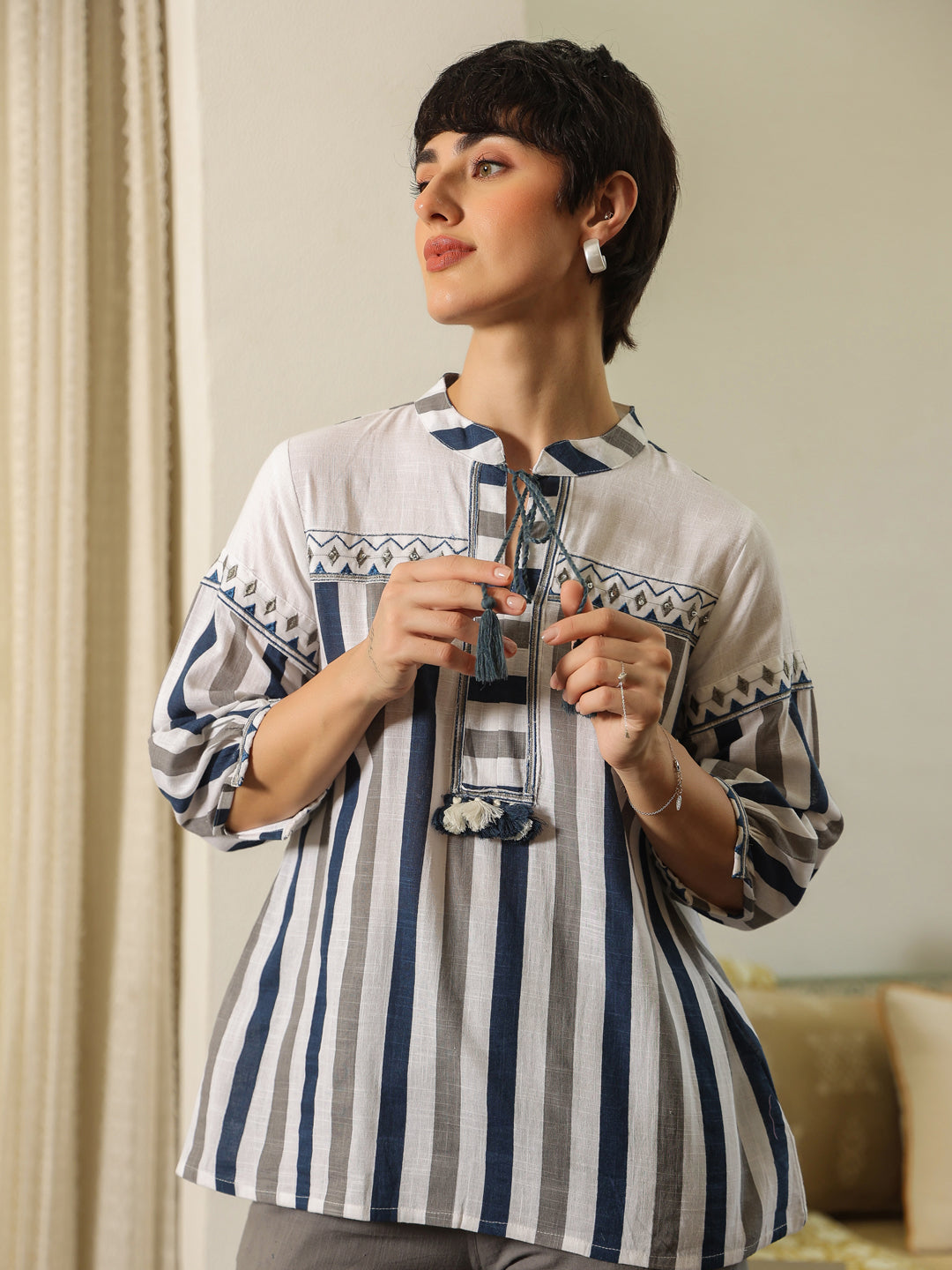 White Mandarin Collar Pure Cotton Top Embroidered Co-ords Set for Women