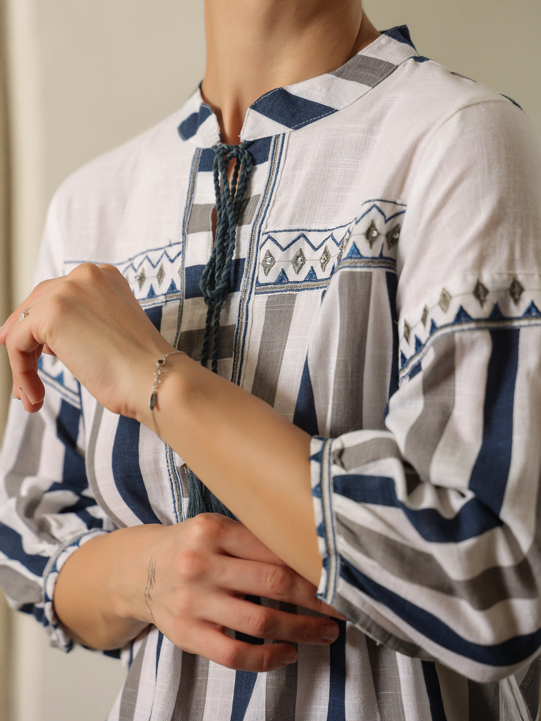 White Mandarin Collar Pure Cotton Top Embroidered Co-ords Set for Women