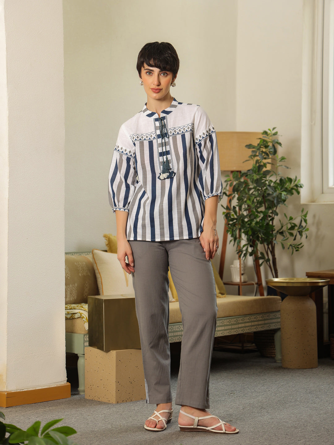 White Mandarin Collar Pure Cotton Top Embroidered Co-ords Set for Women