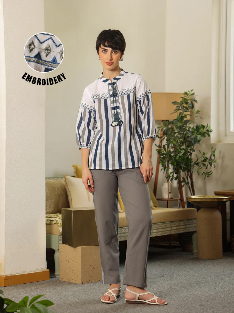 White Mandarin Collar Pure Cotton Top Embroidered Co-Ords Set For Women