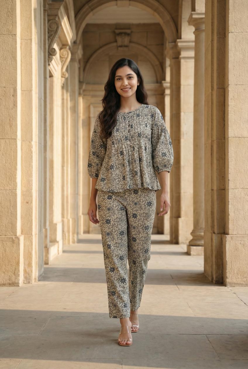 Yellow Floral Print Round Neck Top & Trousers Co-Ord Set For Women