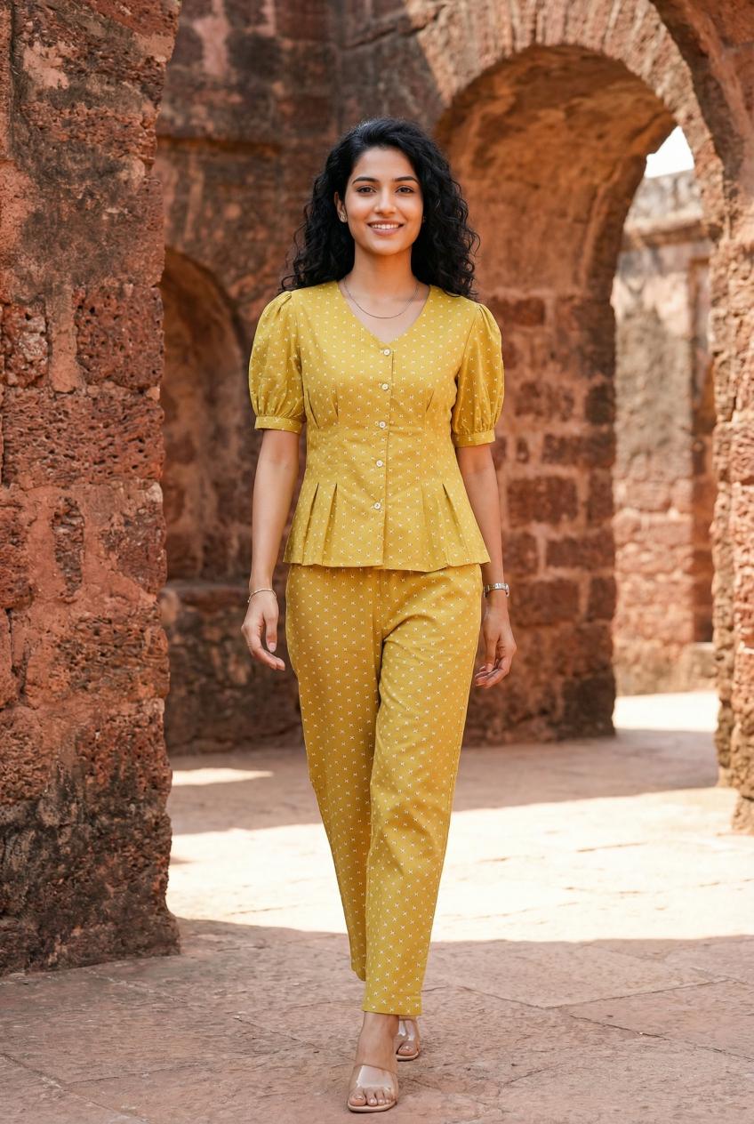 Yellow Printed Mandarin Collar Pure Cotton Co-Ords Set For Women