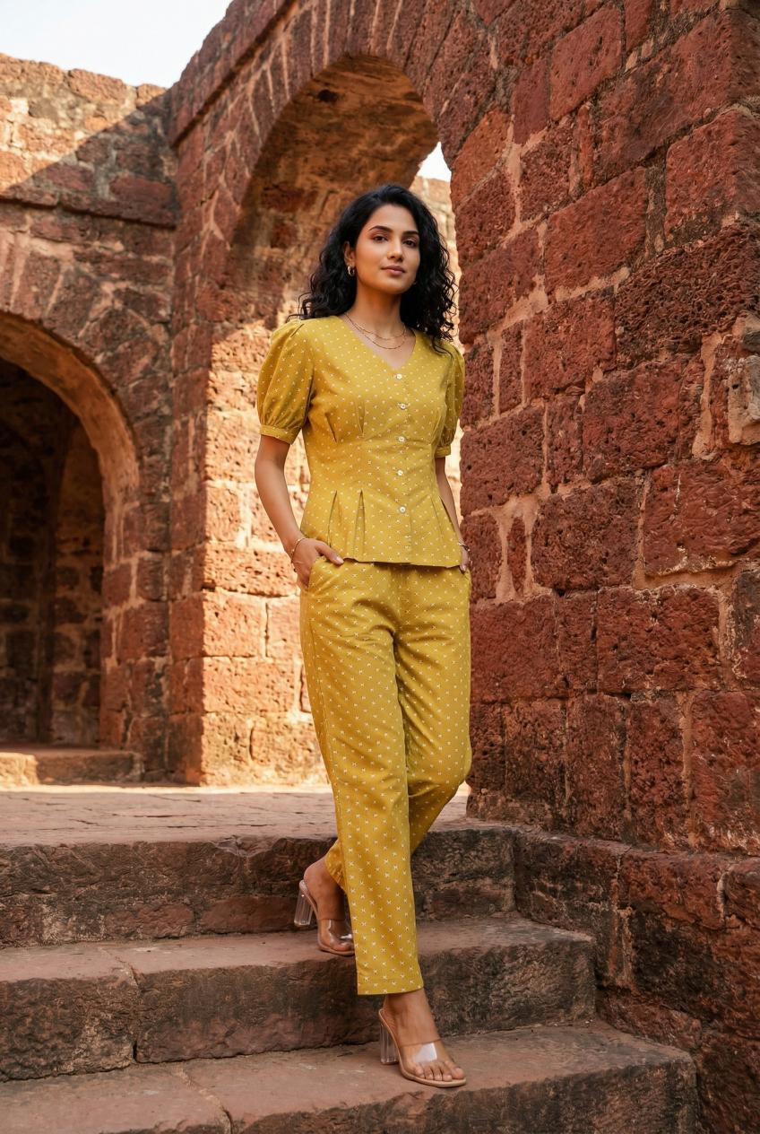 Yellow Printed Mandarin Collar Pure Cotton Co-Ords Set For Women