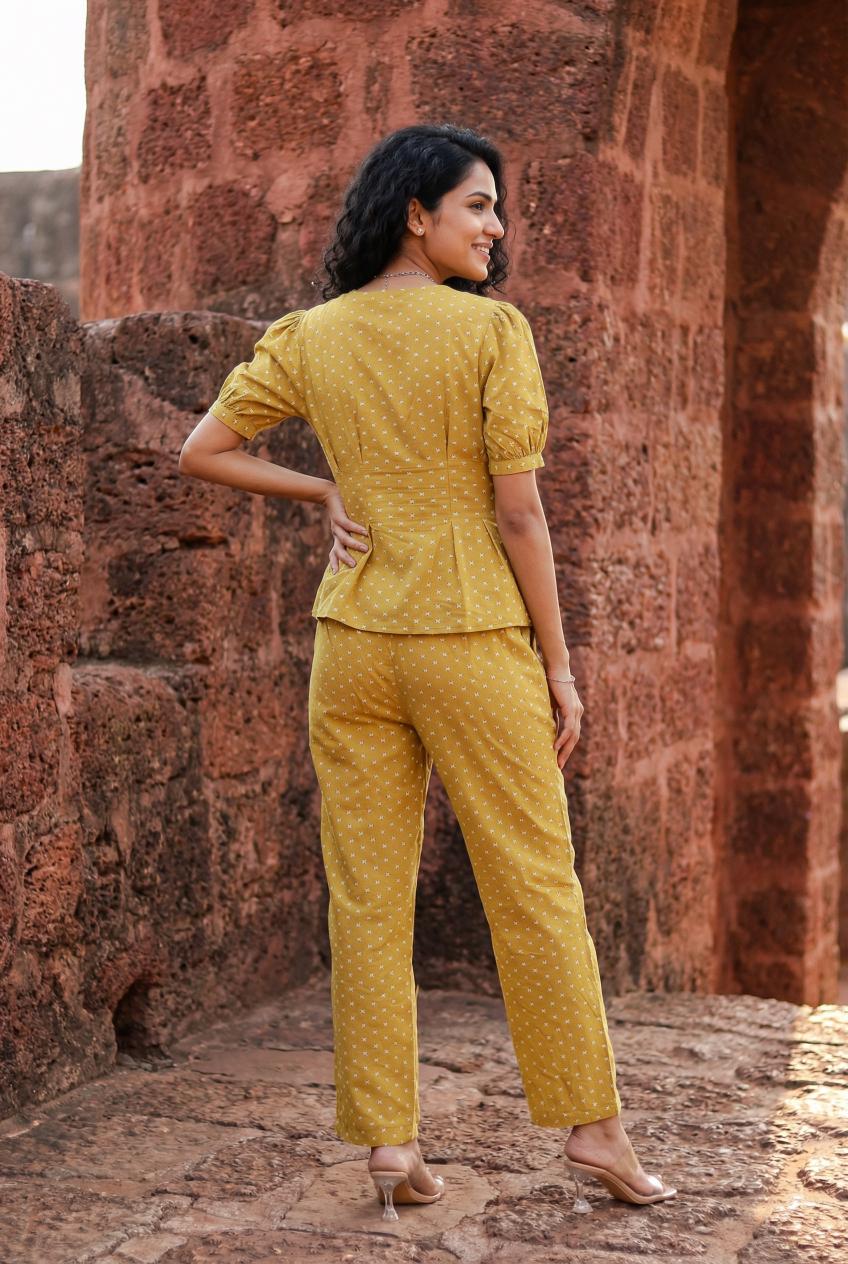 Yellow Printed Mandarin Collar Pure Cotton Co-Ords Set For Women