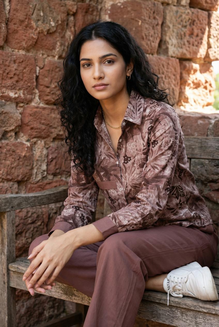 Mauve Floral Print Shirt Collar Co-Ords Set For Women