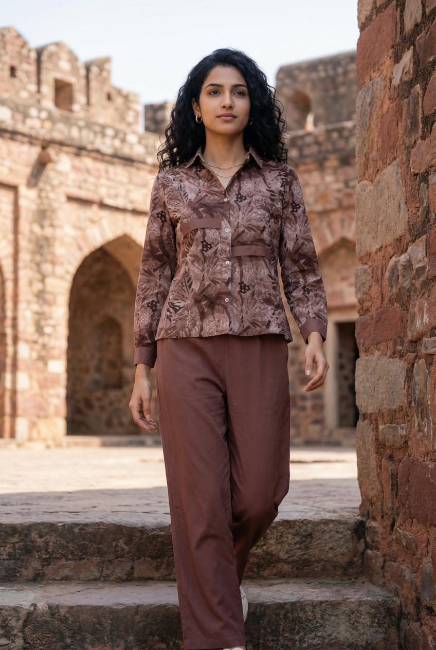 Mauve Floral Print Shirt Collar Co-Ords Set For Women