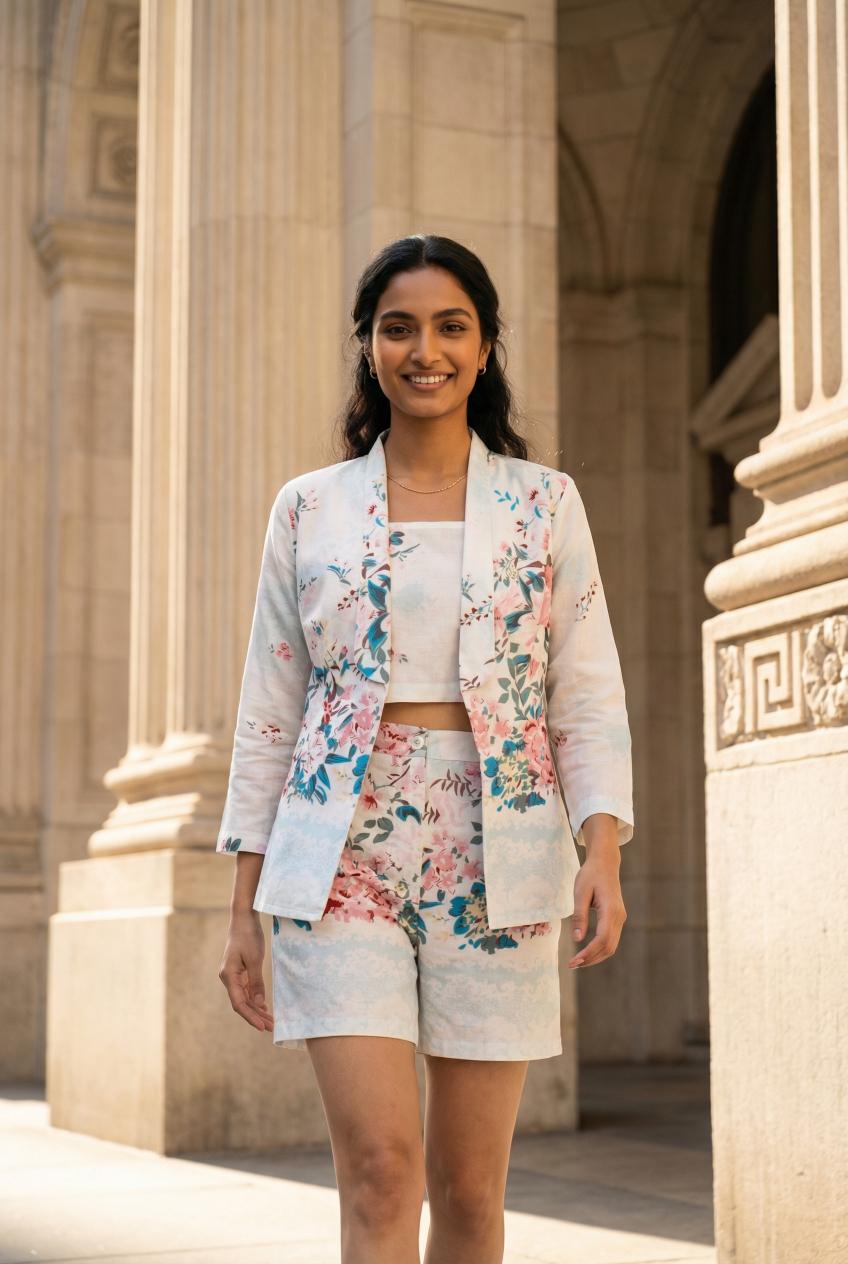 White Floral Print Shirt Collar Three-Piece Co-Ords Set For Women