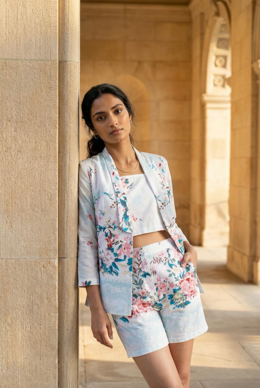 White Floral Print Shirt Collar Three-Piece Co-Ords Set For Women