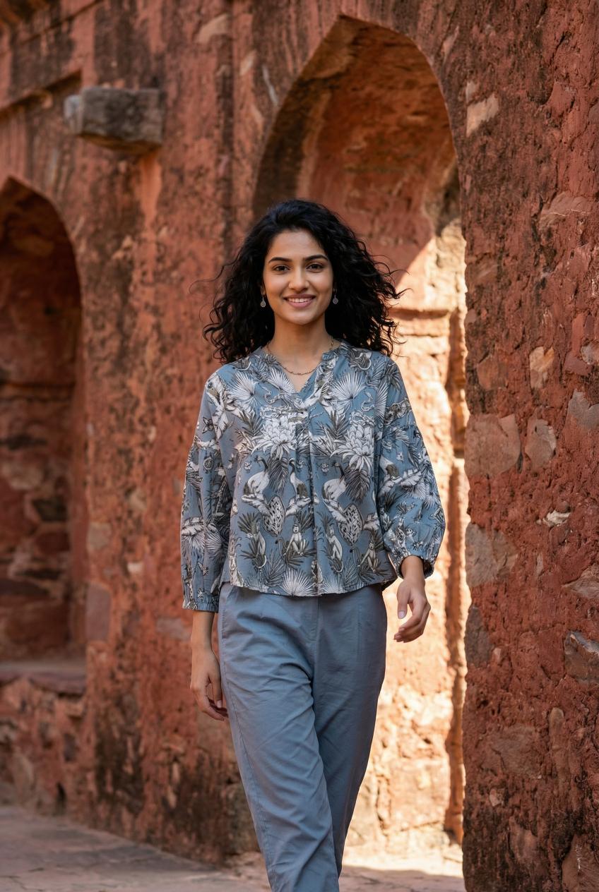 Grey Animal Print Shirt Collar Cotton Co-Ords Set For Women