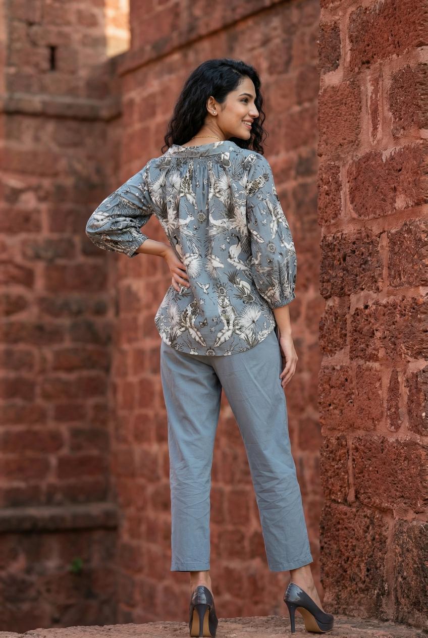 Grey Animal Print Shirt Collar Cotton Co-Ords Set For Women