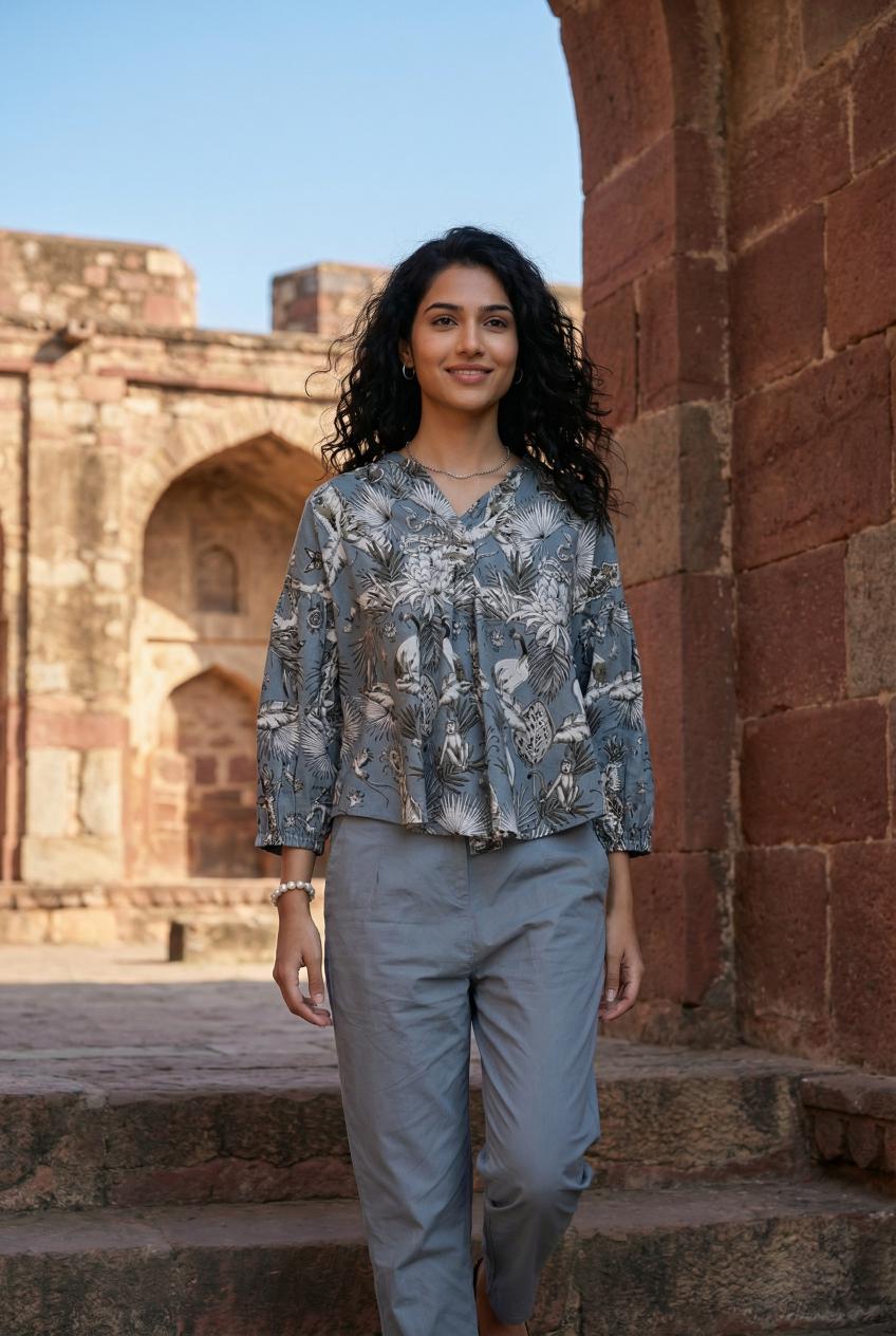 Grey Animal Print Shirt Collar Cotton Co-Ords Set For Women