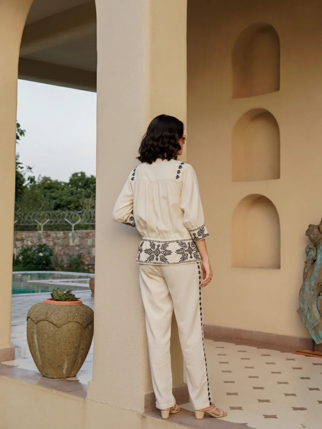 Off White Pure Cotton Embroidered Boat Neck Co-ords Set for Women - SanskrutiHomes