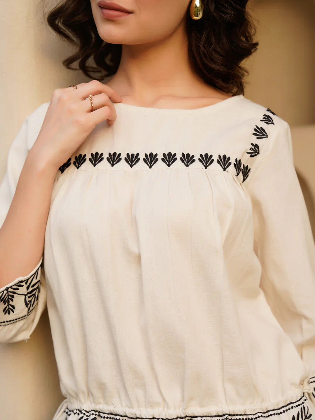Off White Pure Cotton Embroidered Boat Neck Co-ords Set for Women - SanskrutiHomes