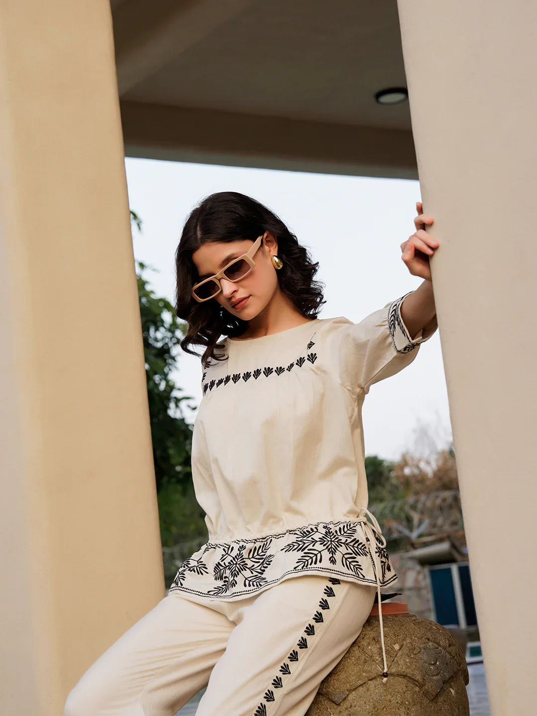 Off White Pure Cotton Embroidered Boat Neck Co-ords Set for Women - SanskrutiHomes