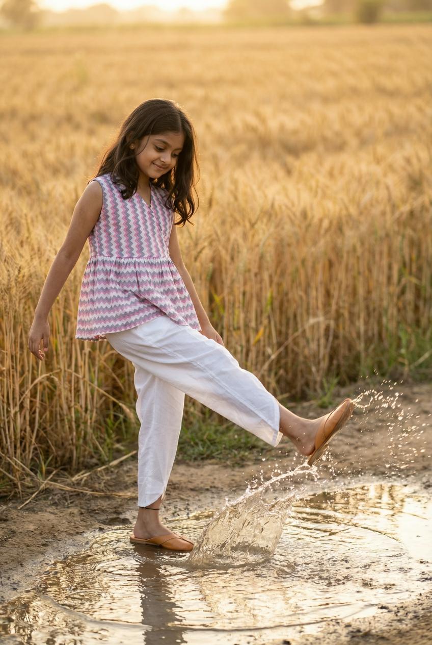 White V-Neck Geometric Print Co-Ords Set For Kids