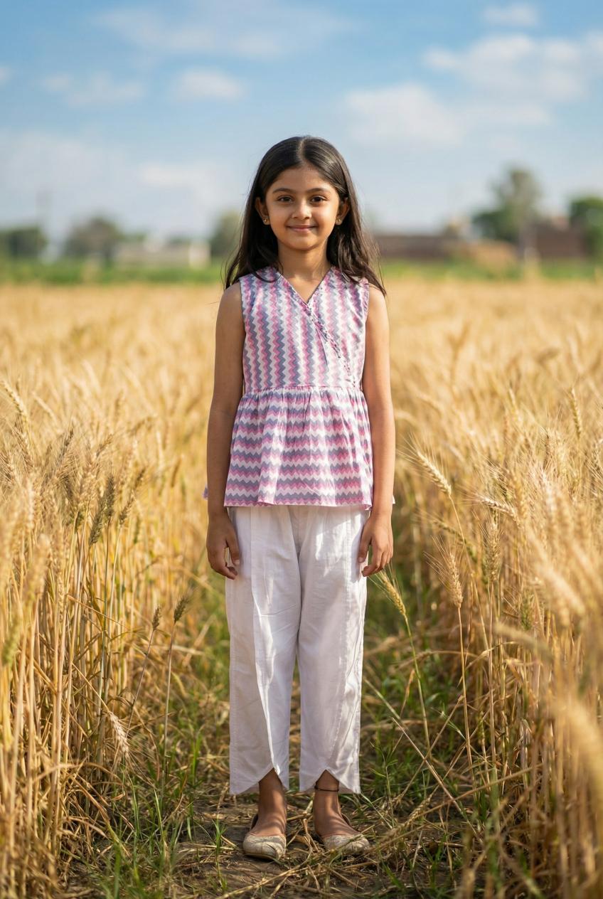 White V-Neck Geometric Print Co-Ords Set For Kids