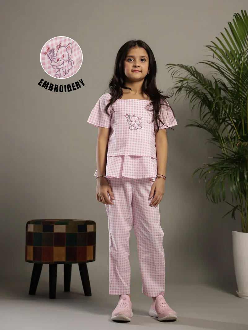 Pink Check Printed Square Neck Cotton Co-Ords Set