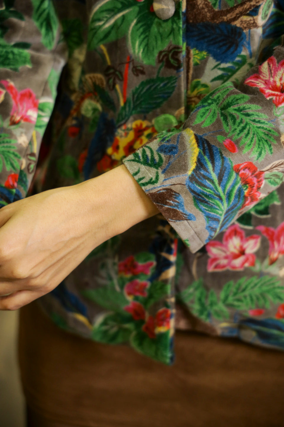 Grey Floral Print Lapel Collar Jacket For Women
