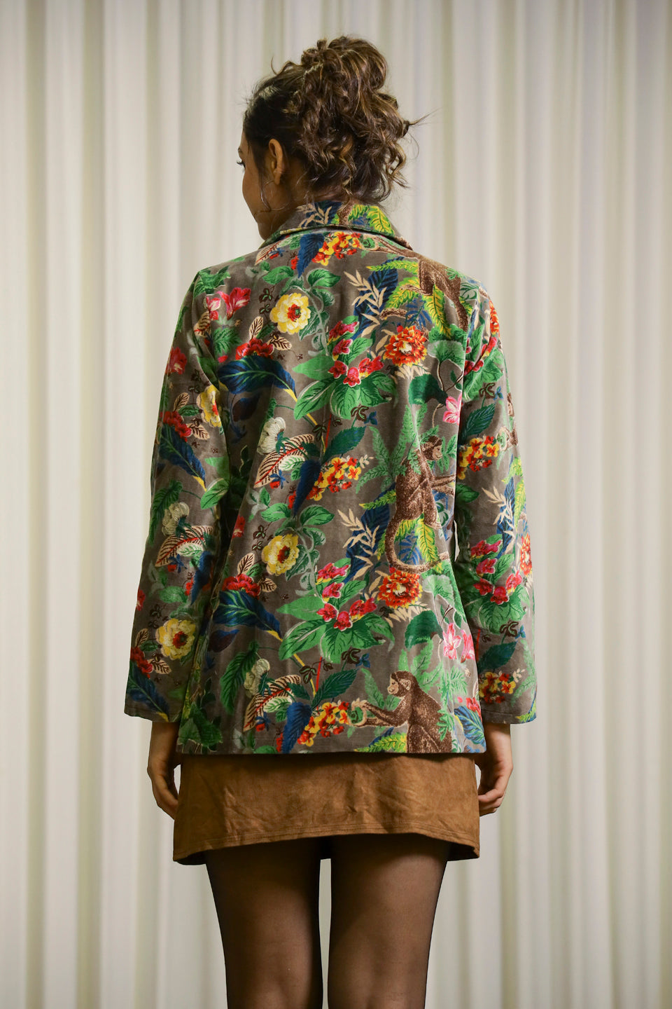 Grey Floral Print Lapel Collar Jacket For Women