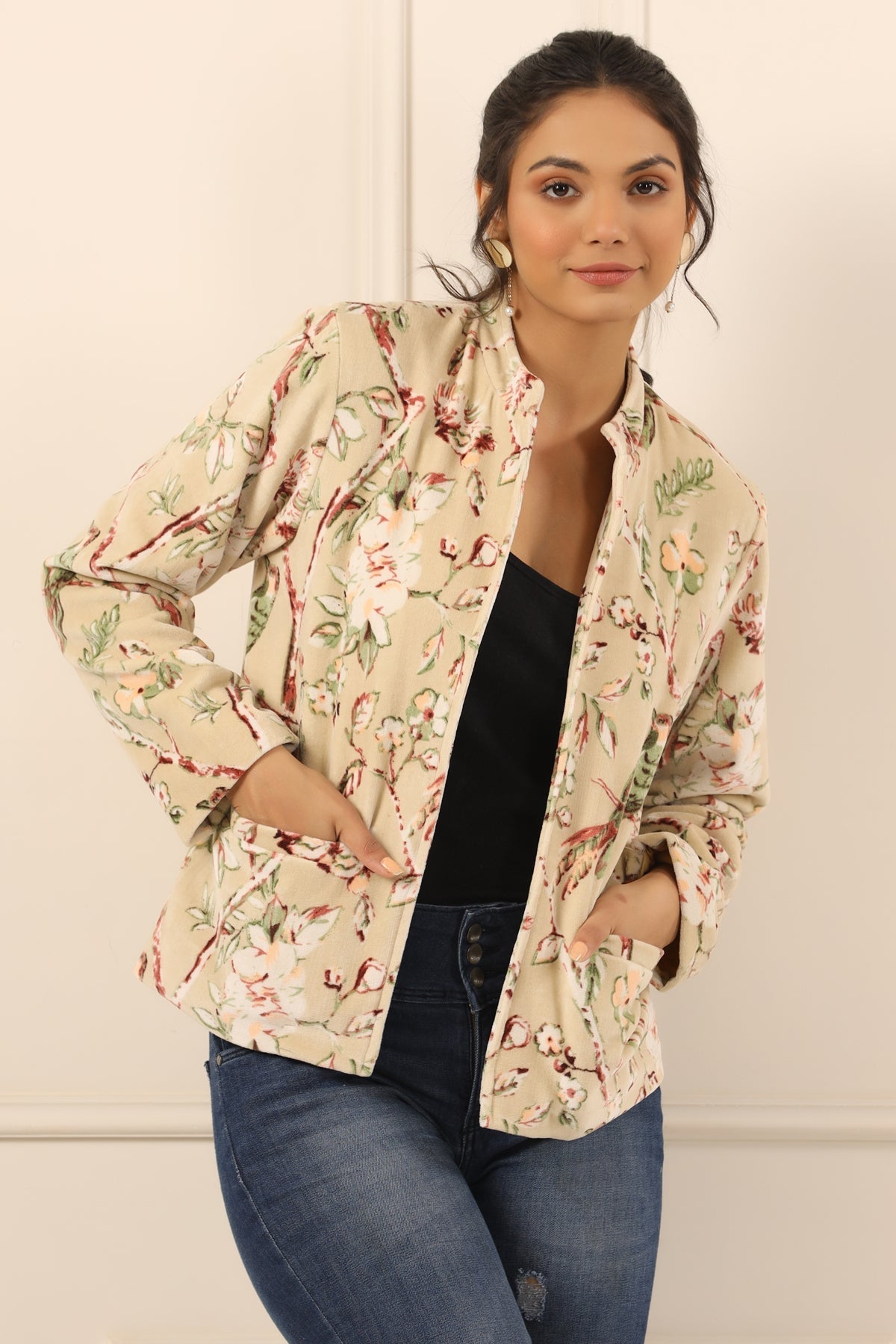 Beige & Off White Floral Printed Mandarin Collar Velvet Open Front Jacket For Women
