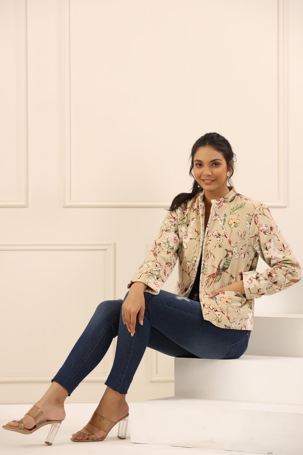 Beige & Off White Floral Printed Mandarin Collar Velvet Open Front Jacket For Women