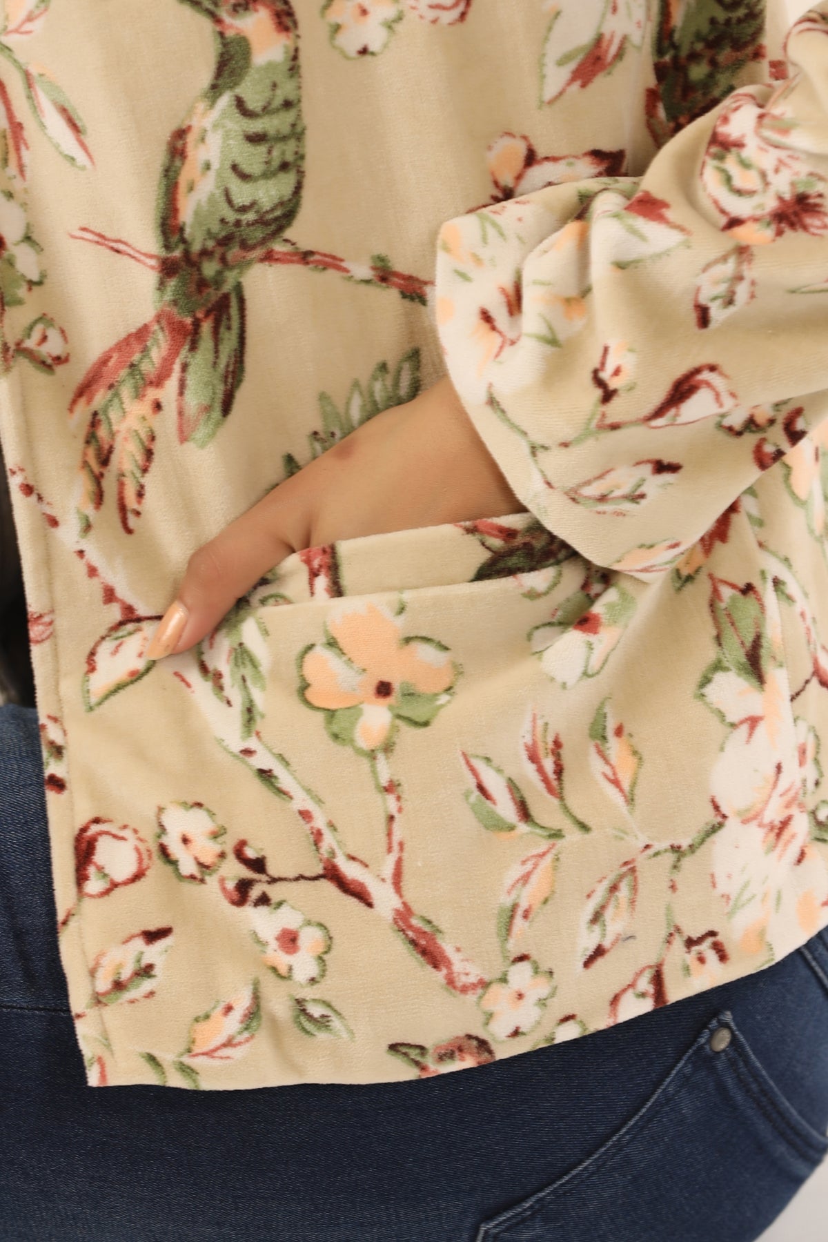 Beige & Off White Floral Printed Mandarin Collar Velvet Open Front Jacket For Women