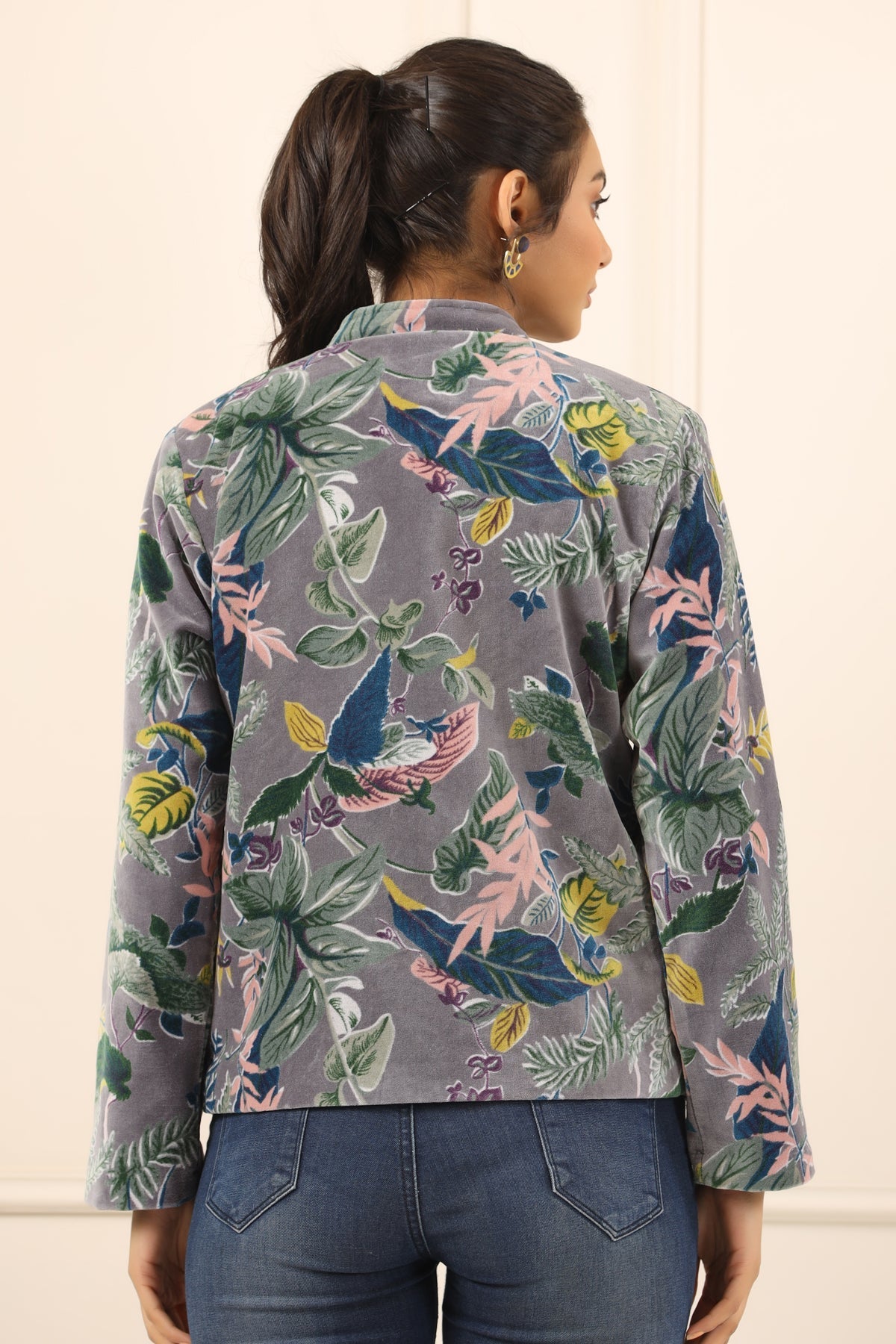 Grey & Green Floral Printed Mandarin Collar Velvet Open Front Jacket For Women