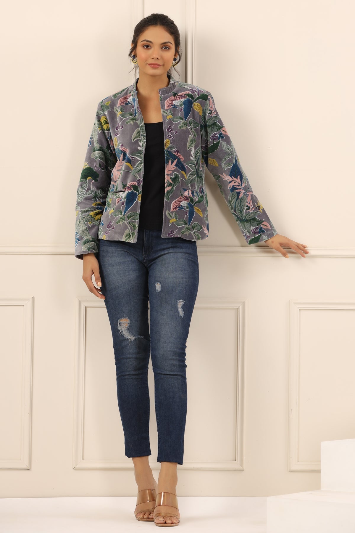 Grey & Green Floral Printed Mandarin Collar Velvet Open Front Jacket For Women
