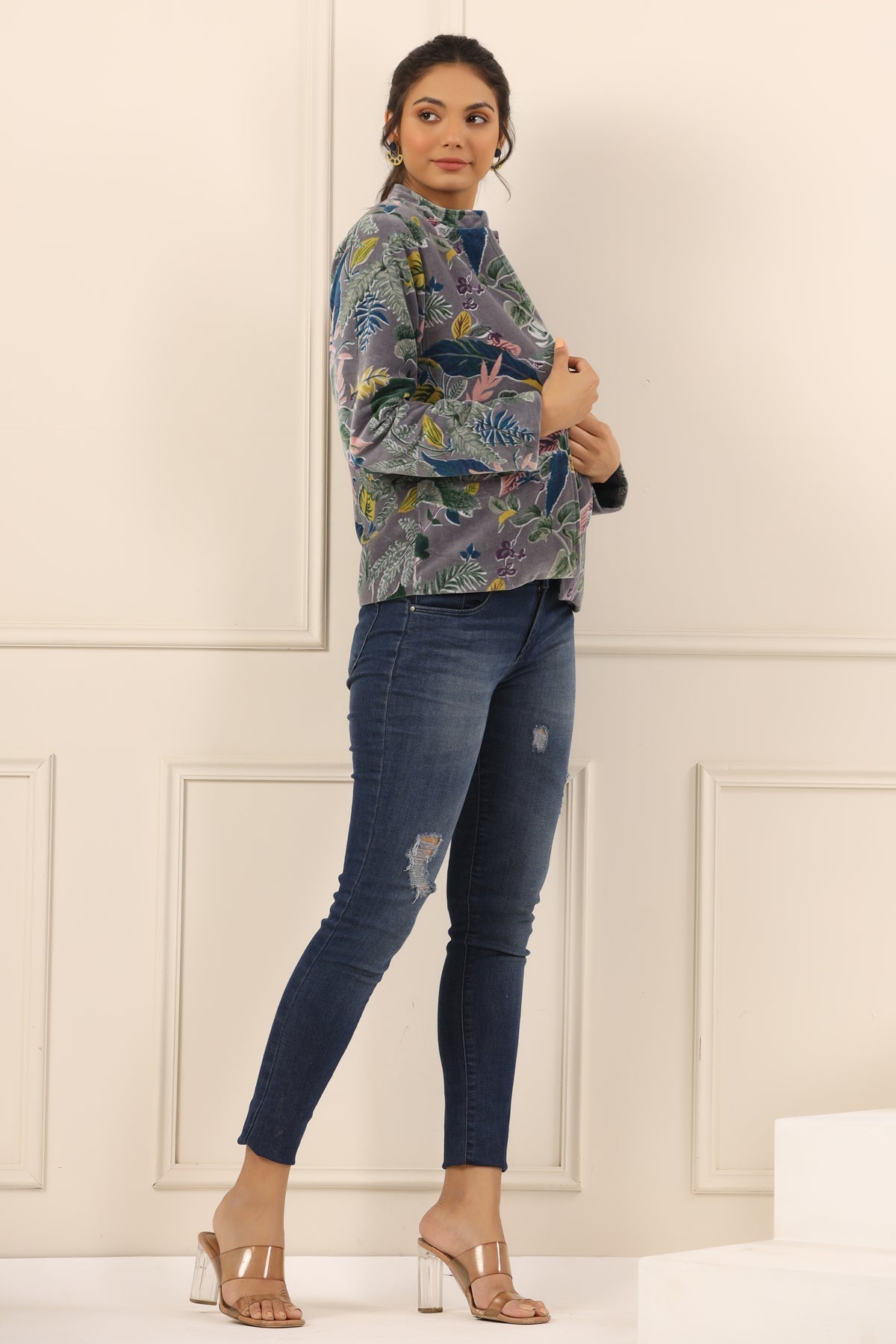 Grey & Green Floral Printed Mandarin Collar Velvet Open Front Jacket For Women