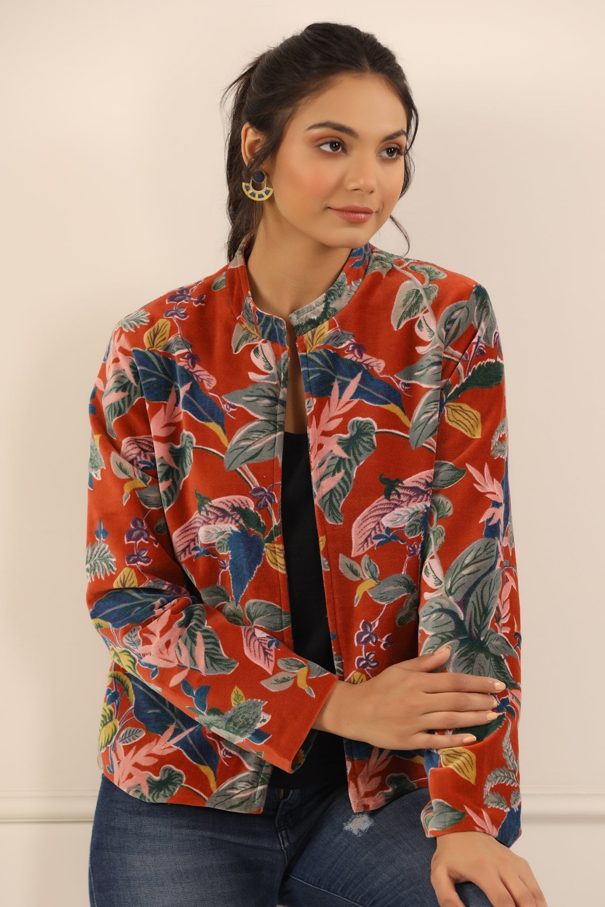 Rust & Blue Floral Printed Mandarin Collar Velvet Open Front Jacket For Women