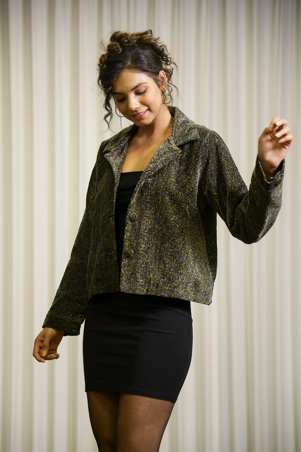 Olive Animal Print Lapel Collar Velvet Jacket For Women