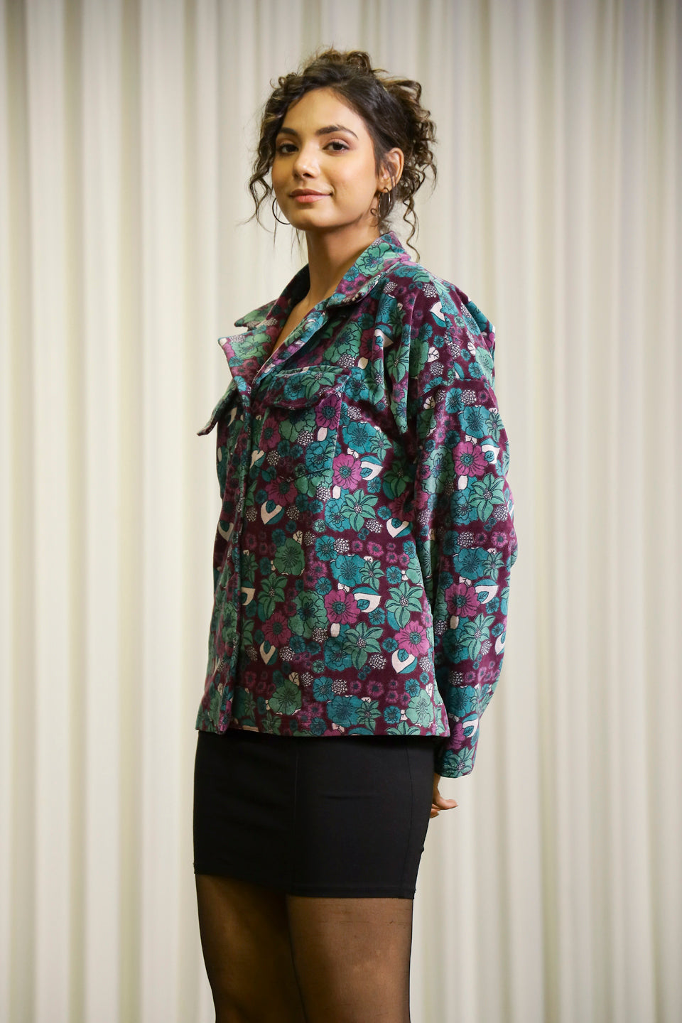 Burgundy Floral Print Lapel Collar Velvet Jacket For Women