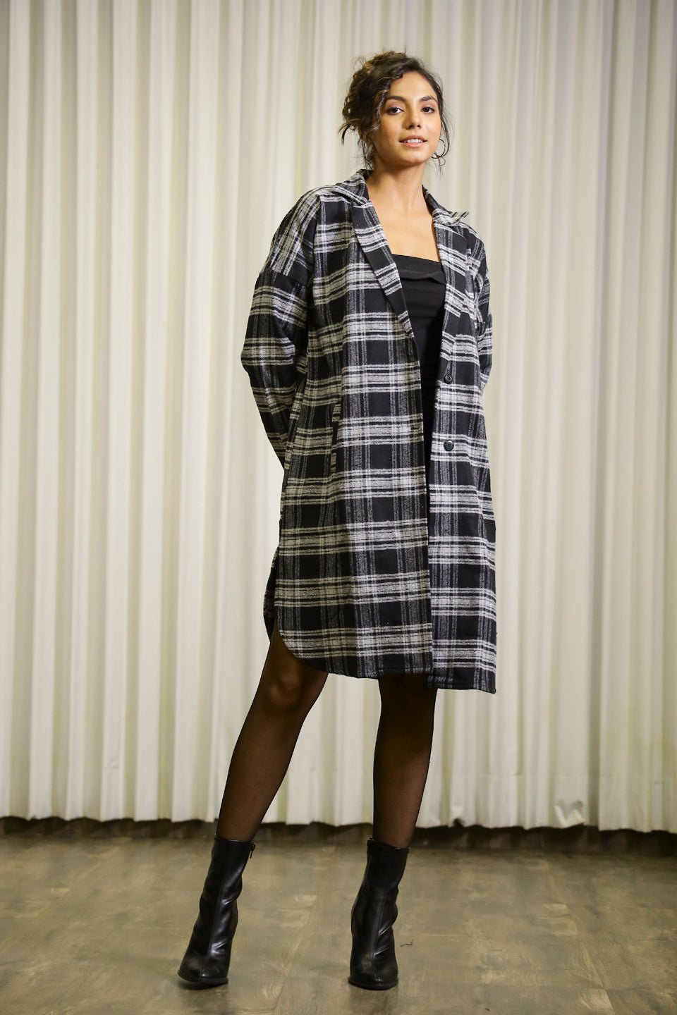 Black Checks Cotton Overcoat