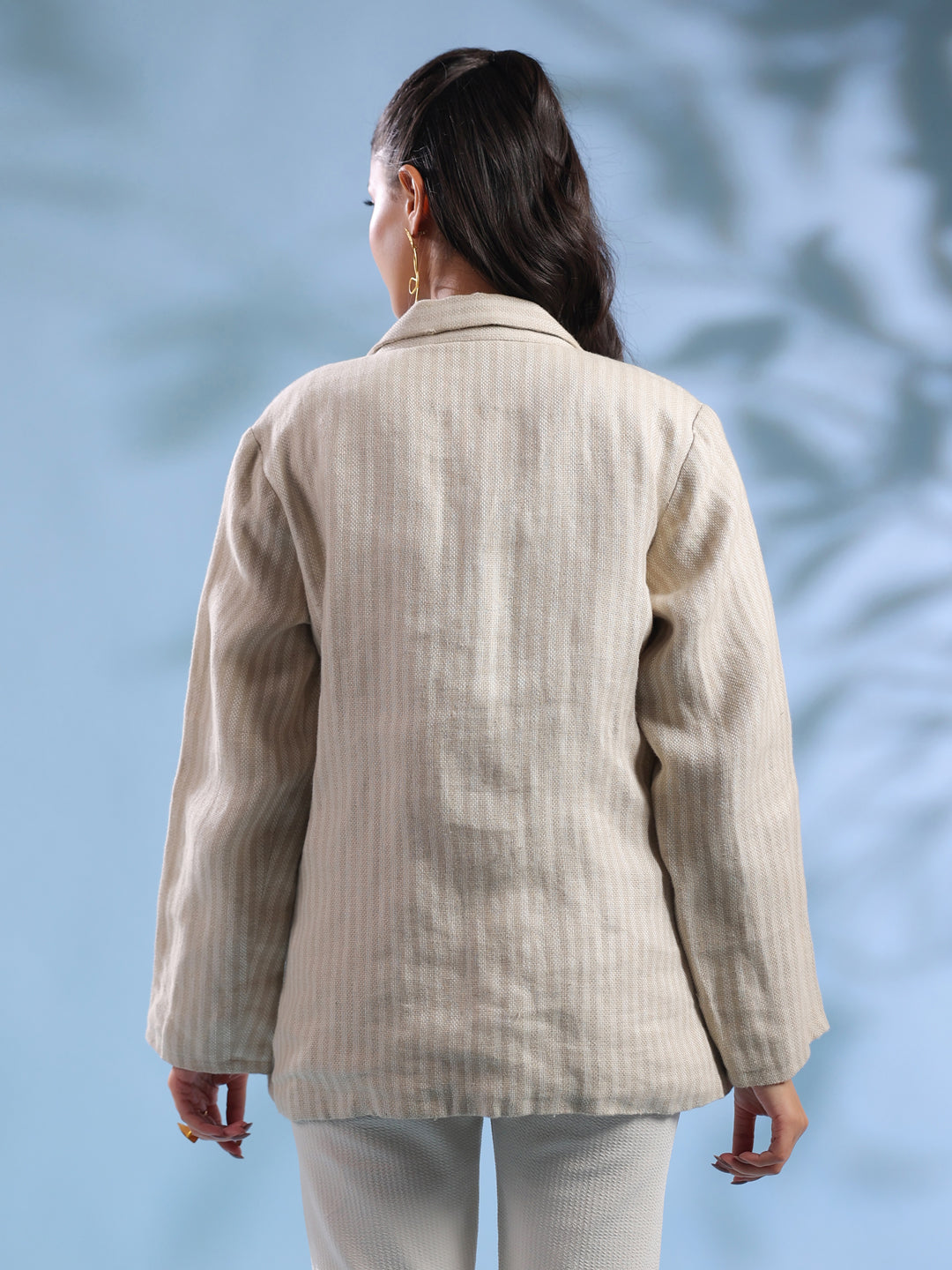 Beige Solid Cuban Collar Handloom Jacket foe Women