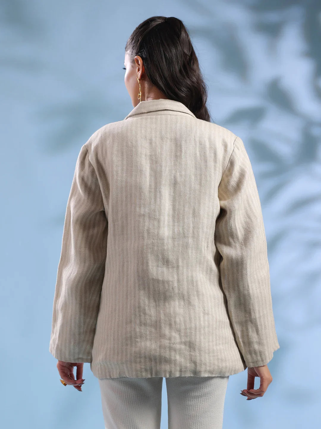 Beige Solid Cuban Collar Handloom Jacket foe Women - SanskrutiHomes