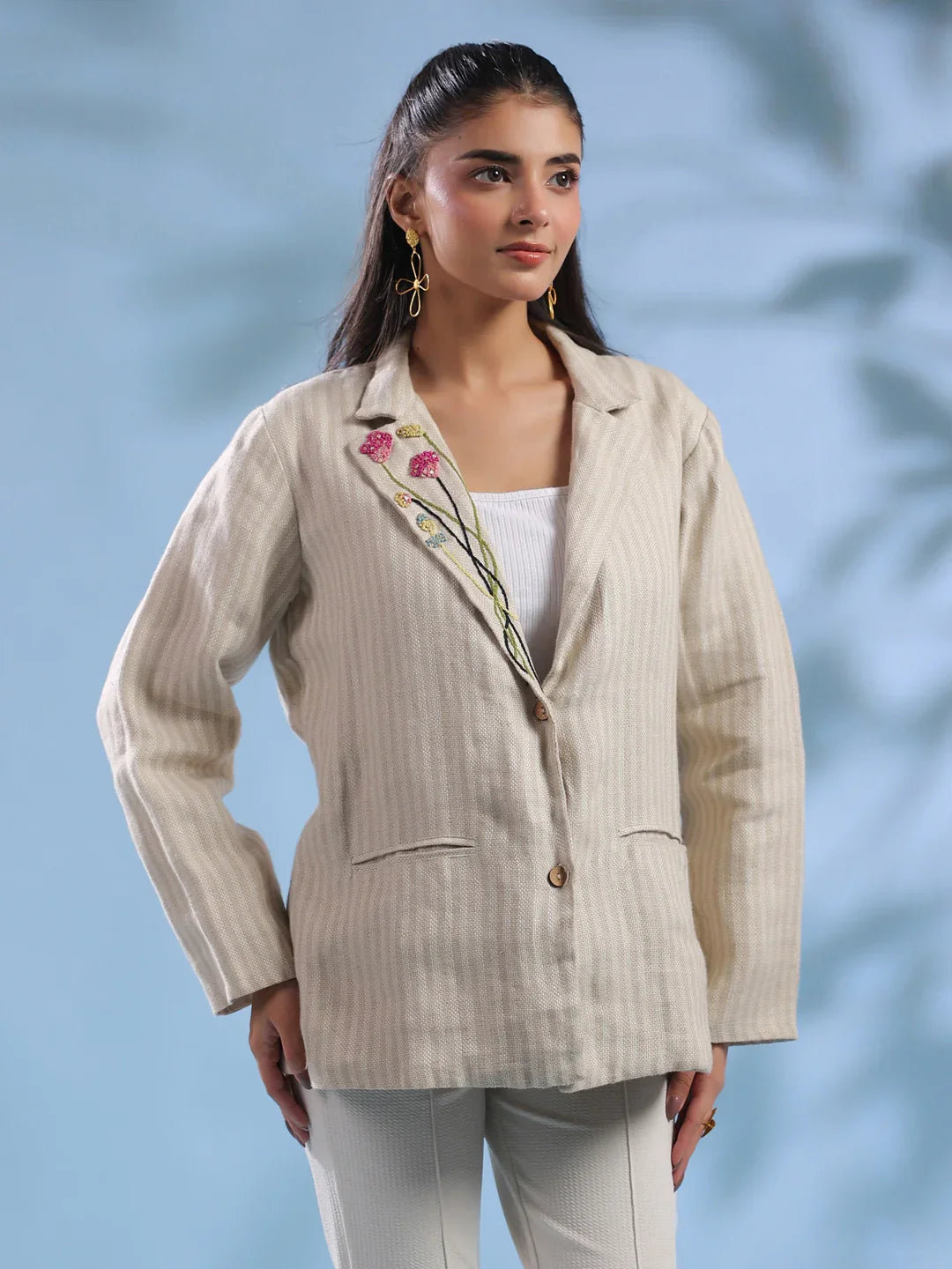 Beige Solid Cuban Collar Handloom Jacket foe Women - SanskrutiHomes