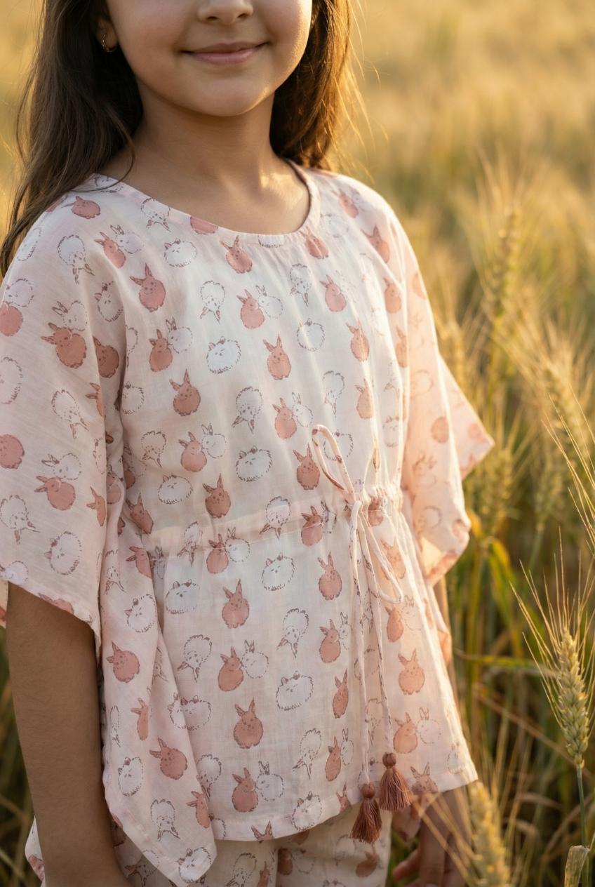 Off White Conversational Print Round Neck Pure Cotton Night Suit For Kids