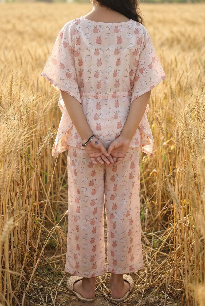 Off White Conversational Print Round Neck Pure Cotton Night Suit For Kids