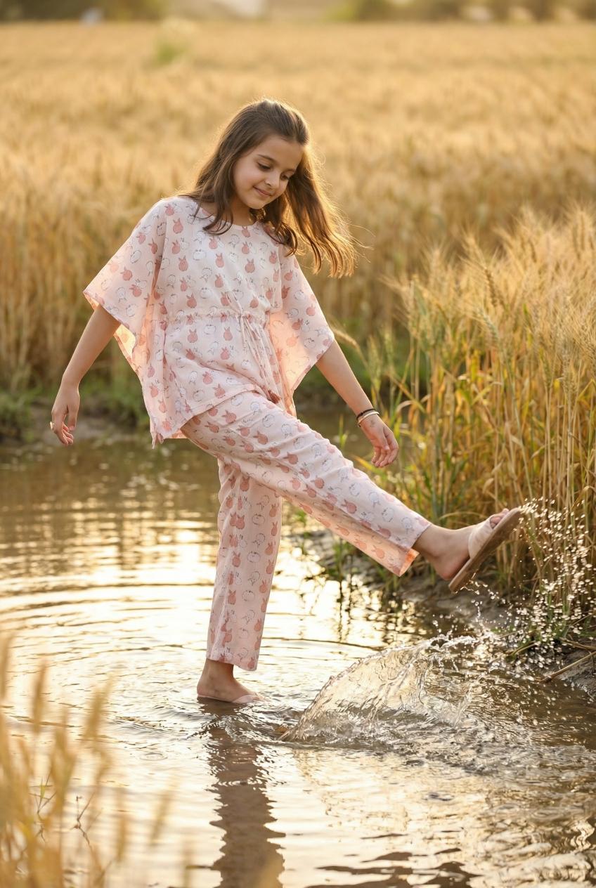 Off White Conversational Print Round Neck Pure Cotton Night Suit For Kids