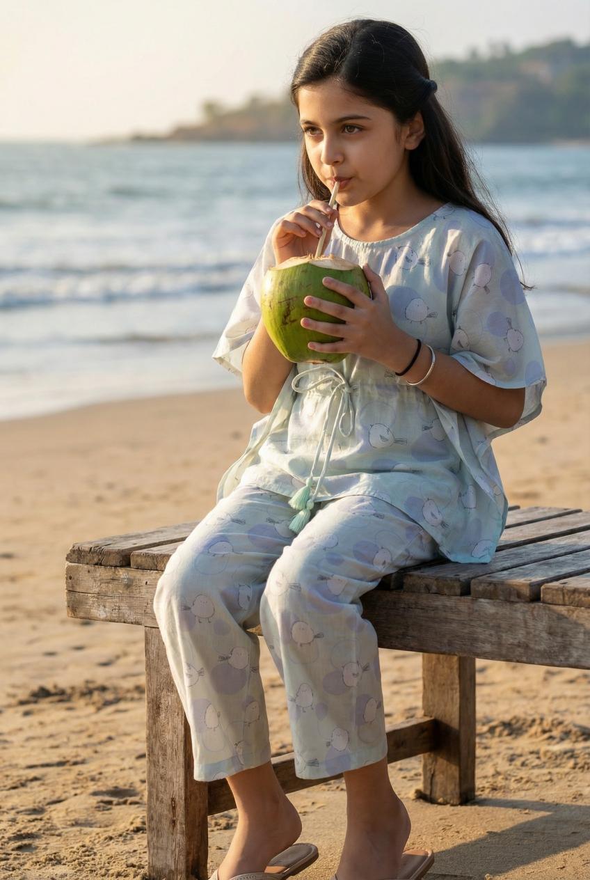 White Round Neck Conversational Printed Pure Cotton Night Suit For Women