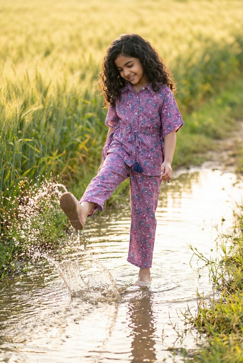 Lavender Shirt Collar Floral Printed Cotton Night Suit For Kids