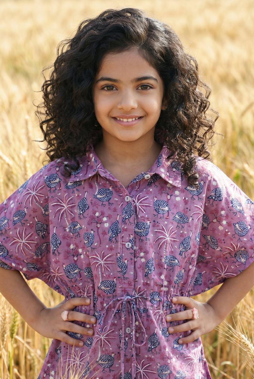 Lavender Shirt Collar Floral Printed Cotton Night Suit For Kids