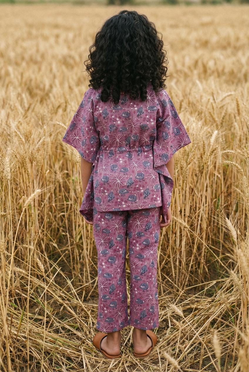 Lavender Shirt Collar Floral Printed Cotton Night Suit For Kids