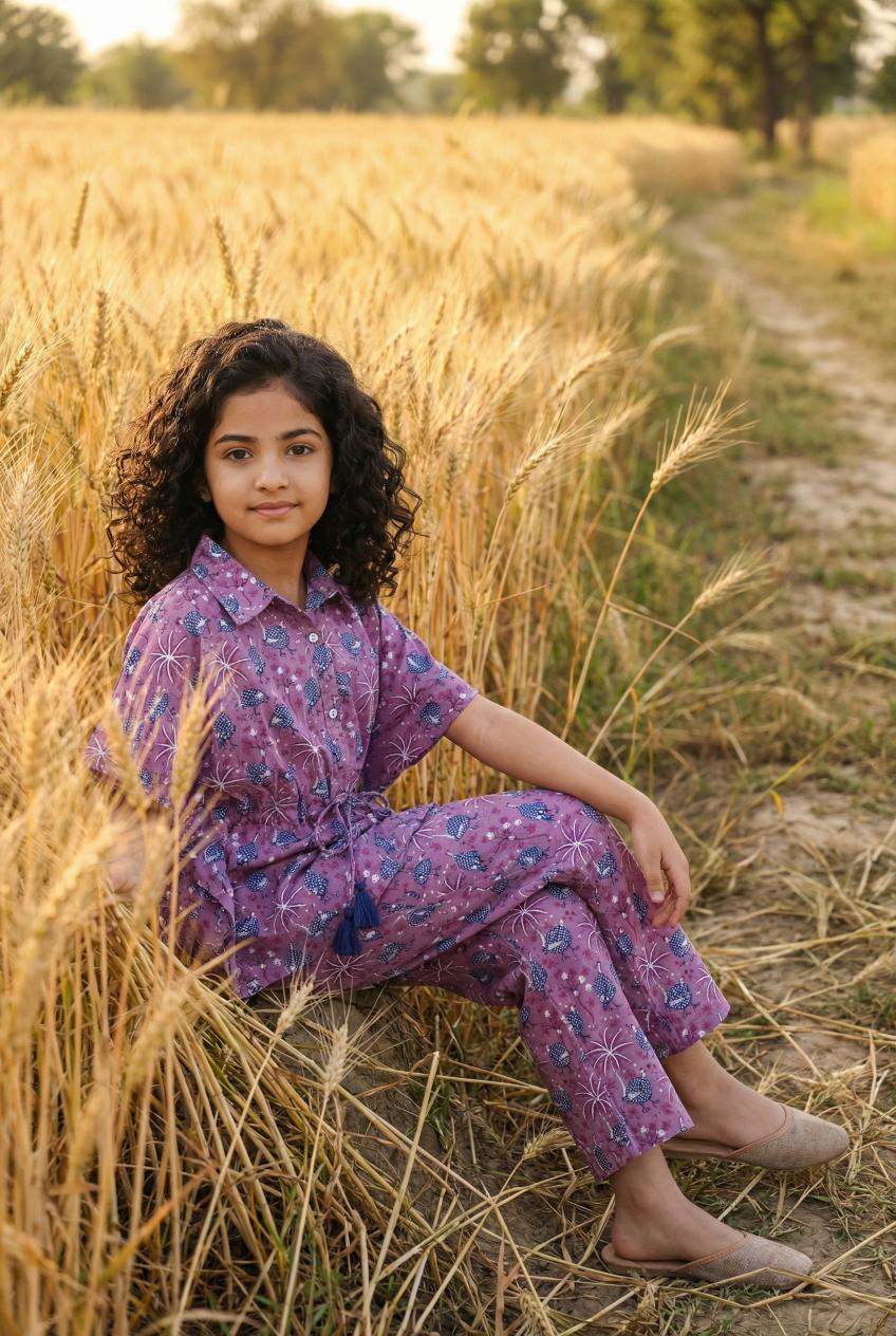 Lavender Shirt Collar Floral Printed Cotton Night Suit For Kids