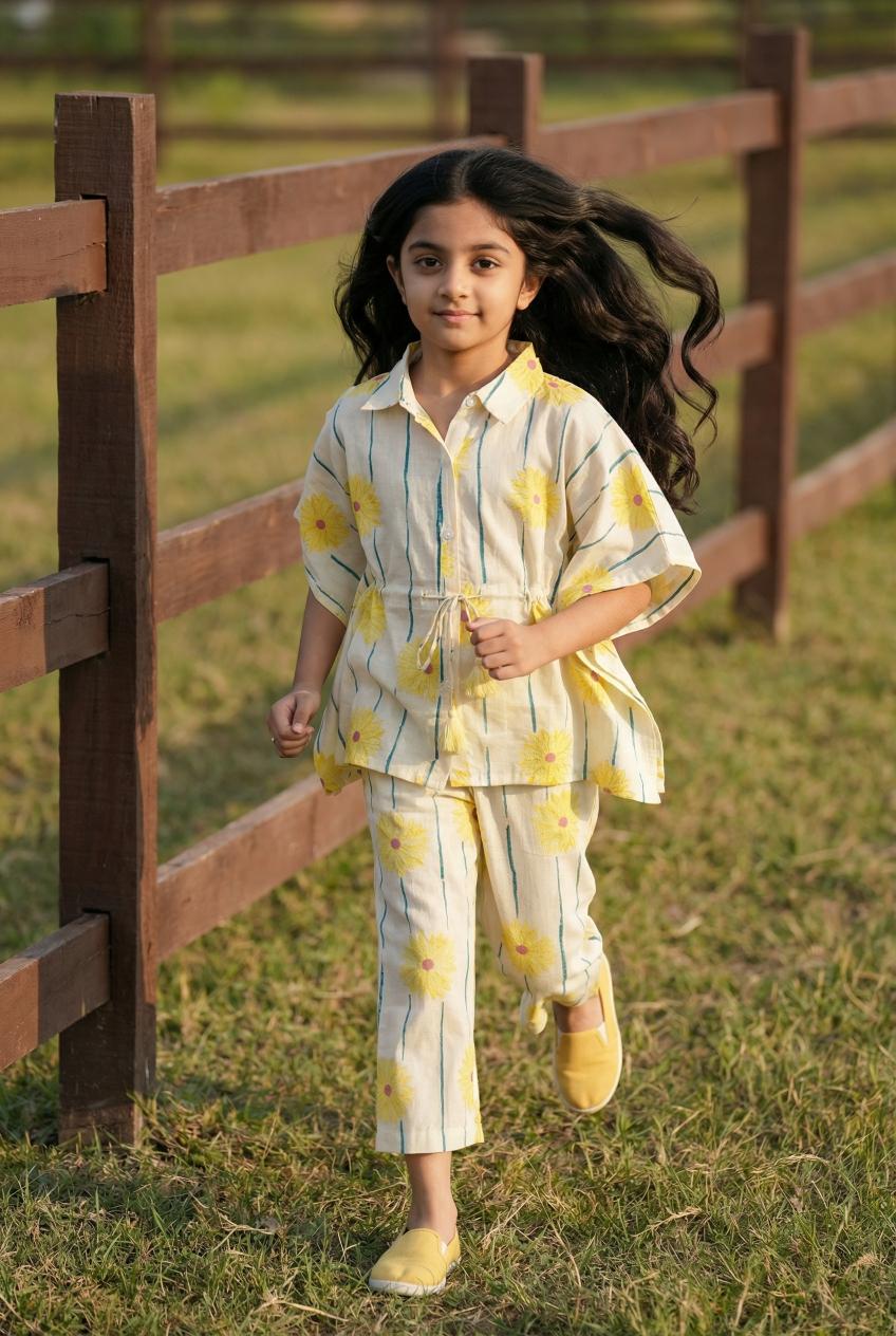 Yellow Floral Print Round Neck Cotton Night Suit For Kids